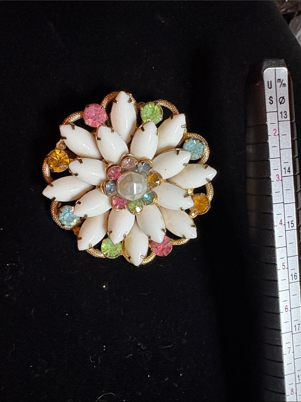 1960’s Fruit Salad Flower Brooch- Milk glass Navettes. Weiss/Julianna style.